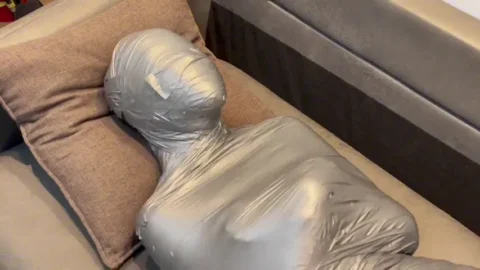 Beautiful Girl Mummified With Silver Duct Tape And Not Breathing